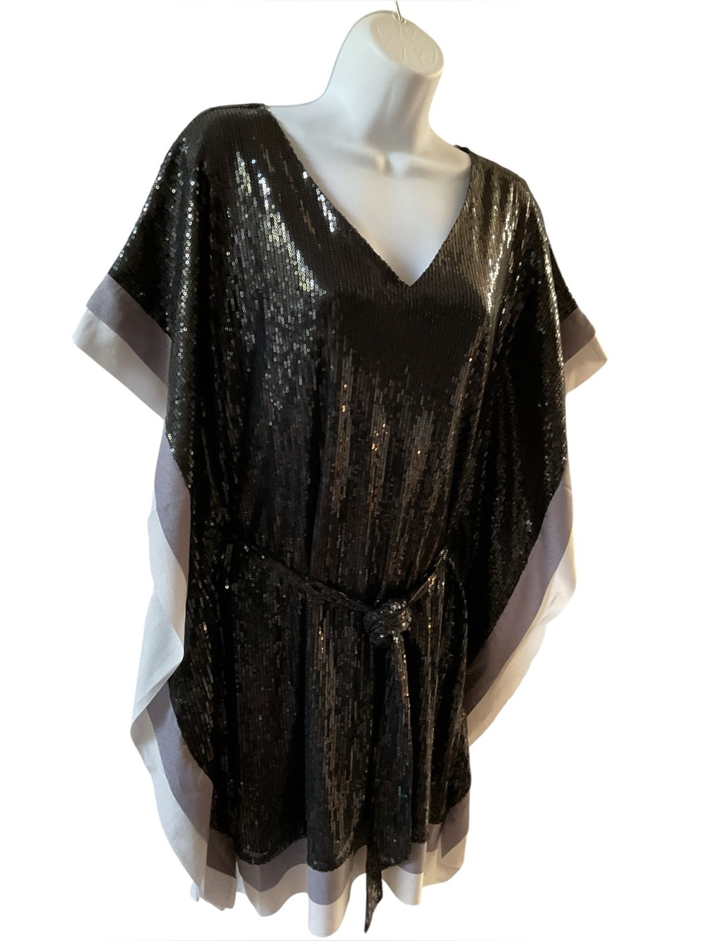 Sequin Kaftan Tunic Dress with Belt - Black Glam Party Mini